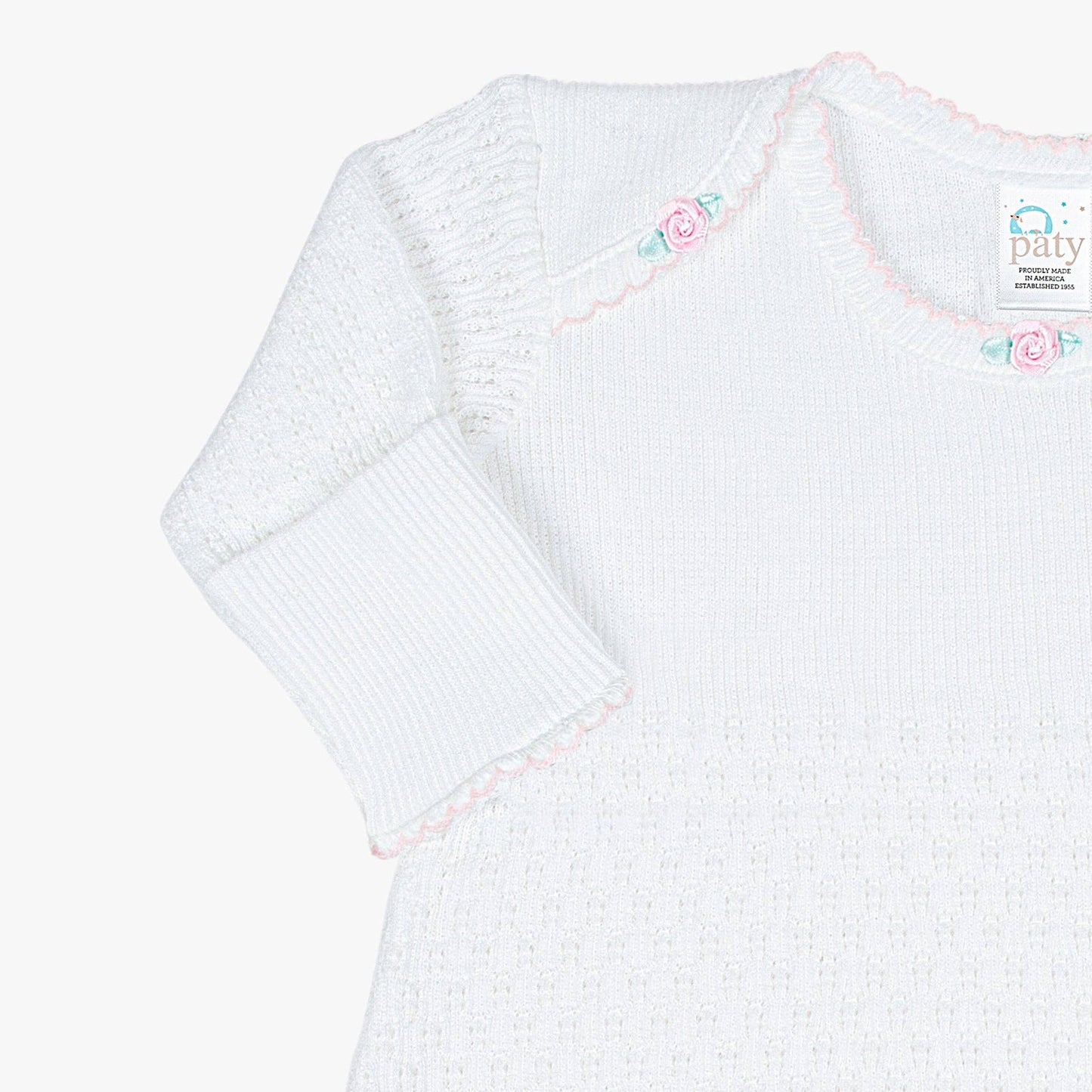 Paty Knit Overlap Shoulder Gown with Pink Rosettes