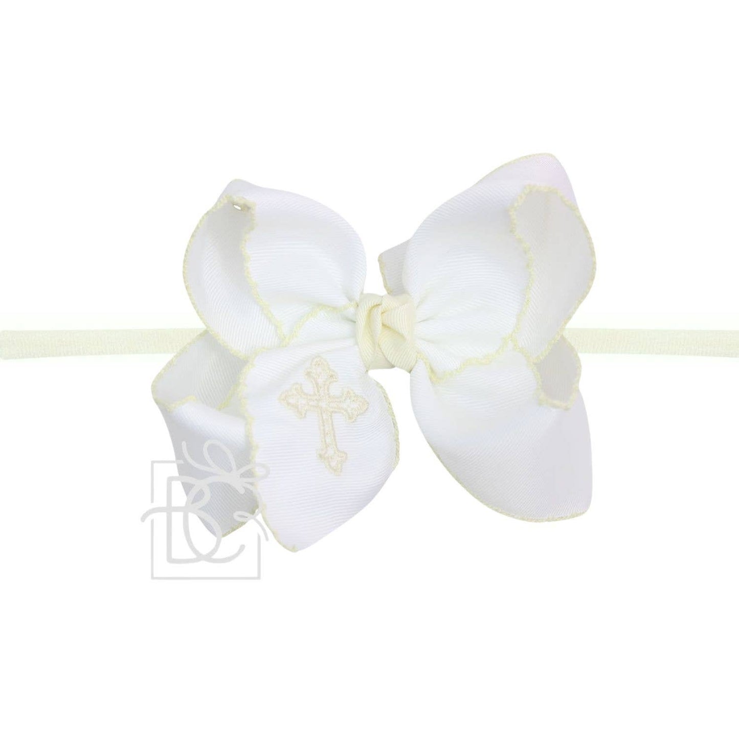 1/4" Pantyhose Headband w/ Embroidered cross Bow: White w/ Antique White Crochet Edge / 4.5" Large
