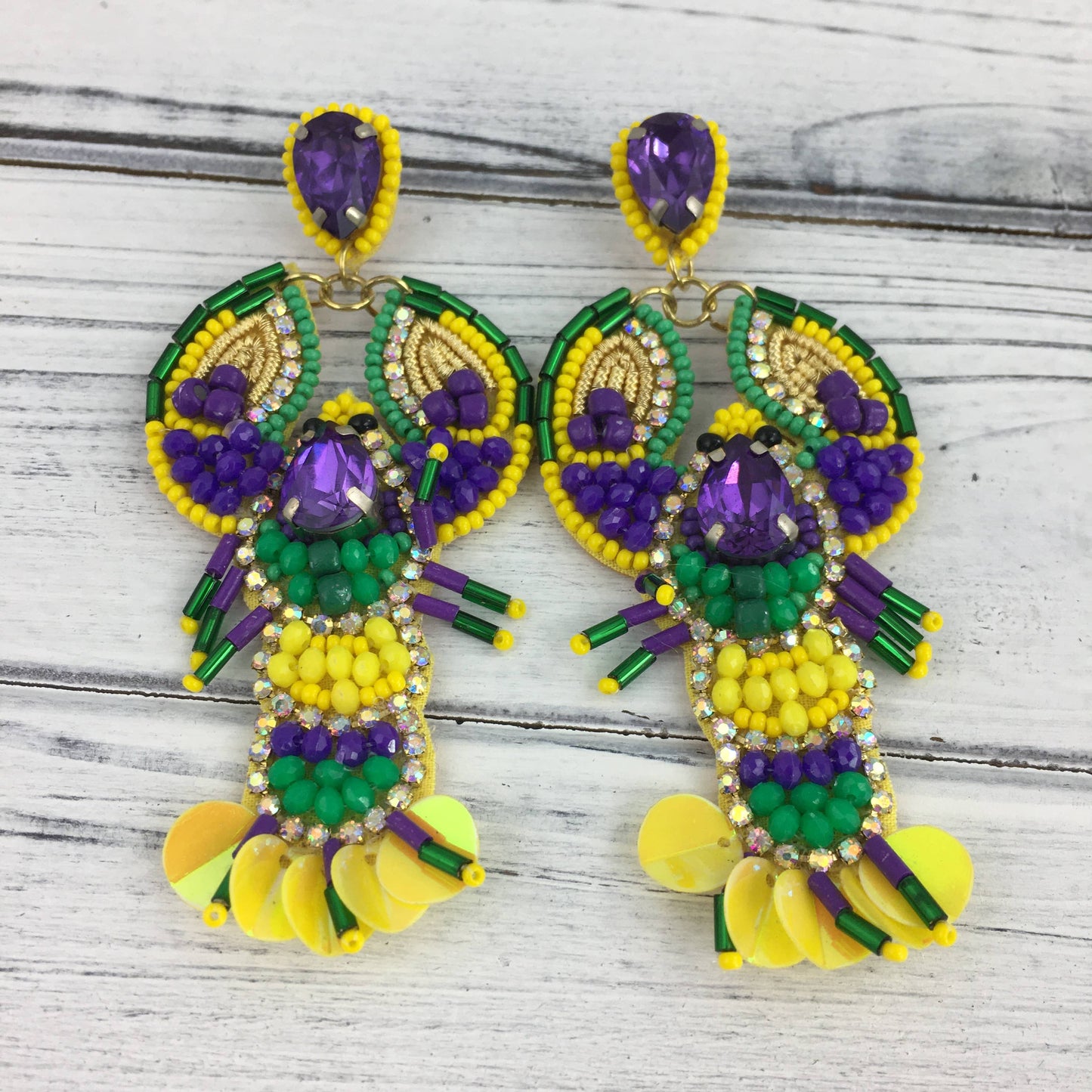 Mardi Gras Bead and Rhinestone Crawfish Earrings
