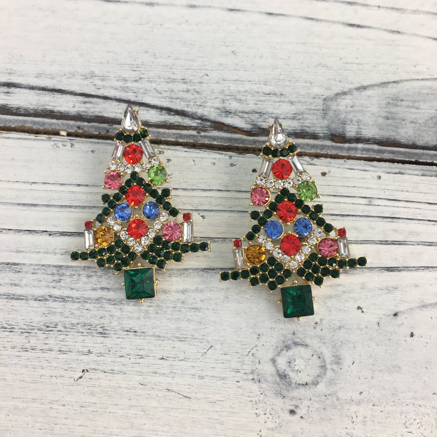 Rhinestone Christmas tree earrings
