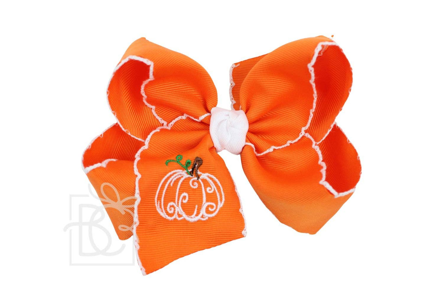 Embroidered Pumpkin Crochet Edge Bow: Orange-White Crochet Edge w/ Embroidered White Pumpkin / 5.5" Huge - 2.25" Crochet Edge Grosgrain Ribbon
