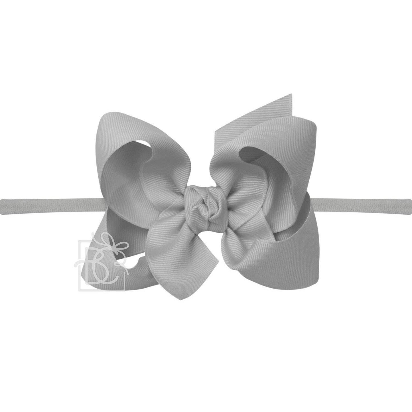 Grey 1/4 in NYLON PANTYHOSE HEADBAND W/SIGNATURE GROSGRAIN BOW: GREY / 4.5" Large
