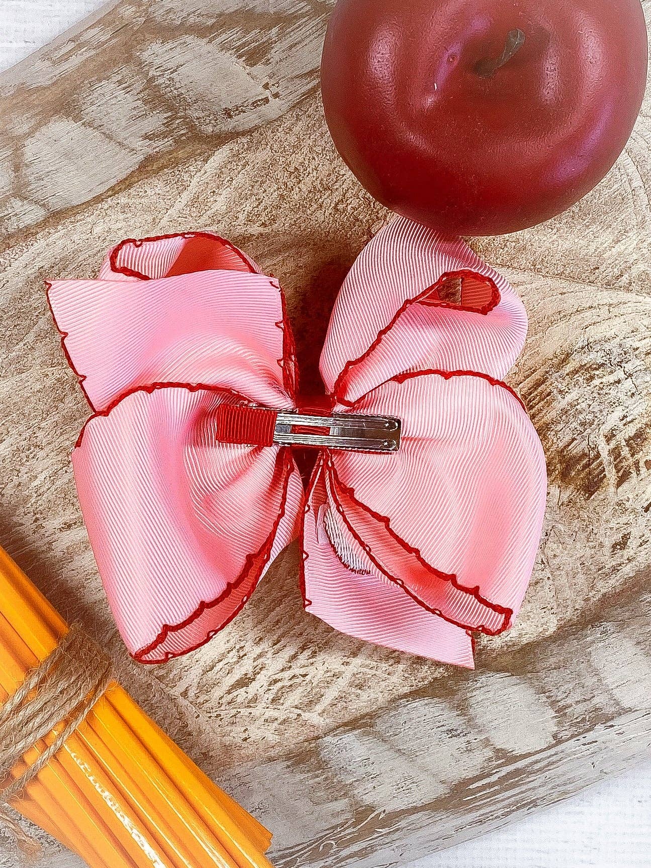 Pink Apple Embroidered Moonstitch Hair Bow