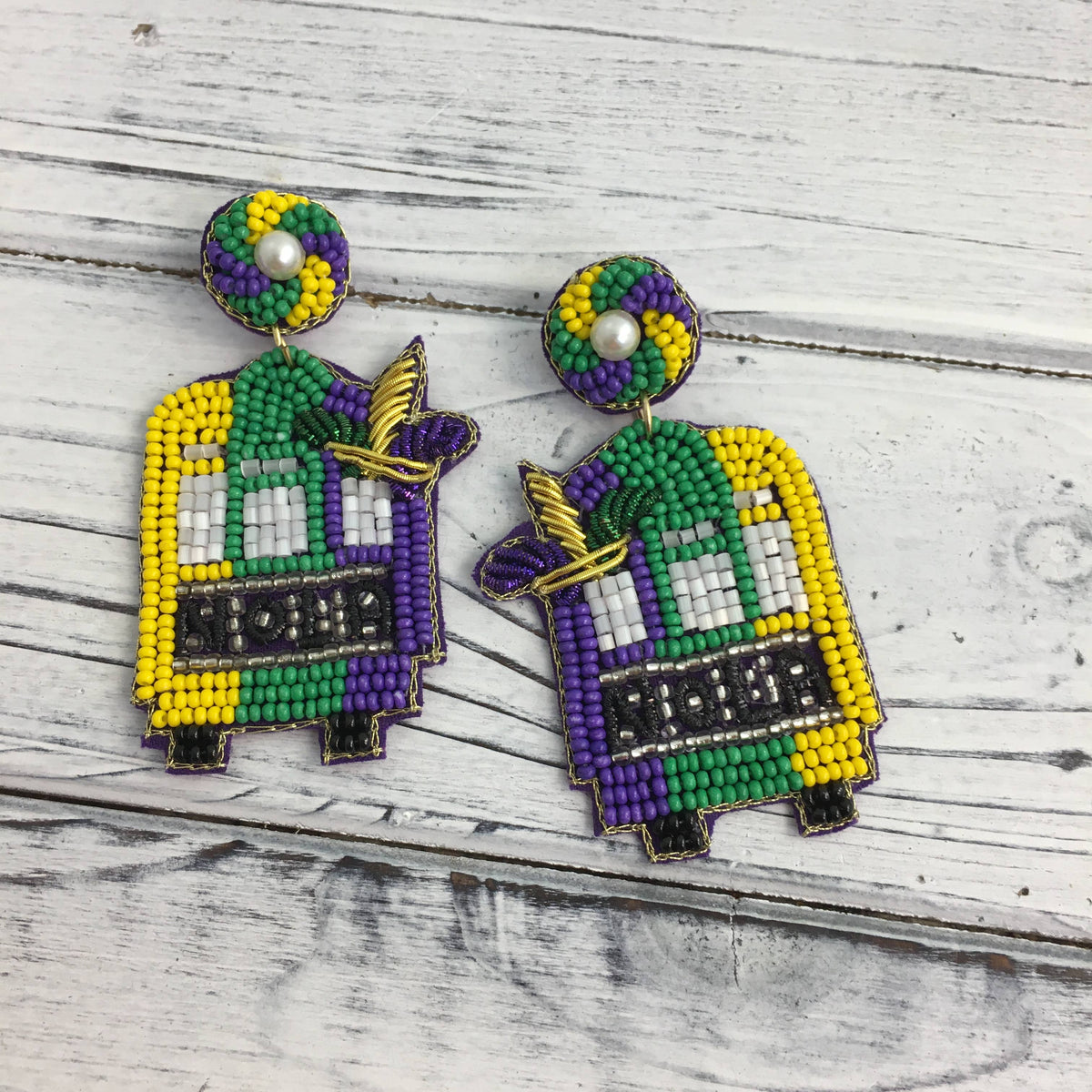 Mardi Gras Bead/Pearl Streetcar Earrings