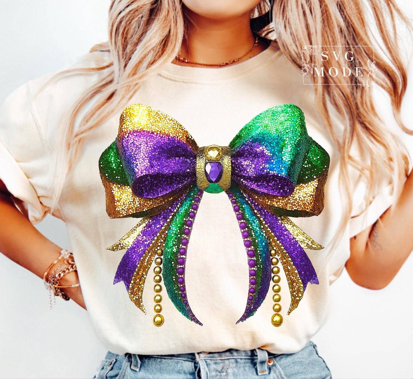 Coquette Mardi Gras Bow Shirt, Retro Mardi Gras White T-Shirt Ladies