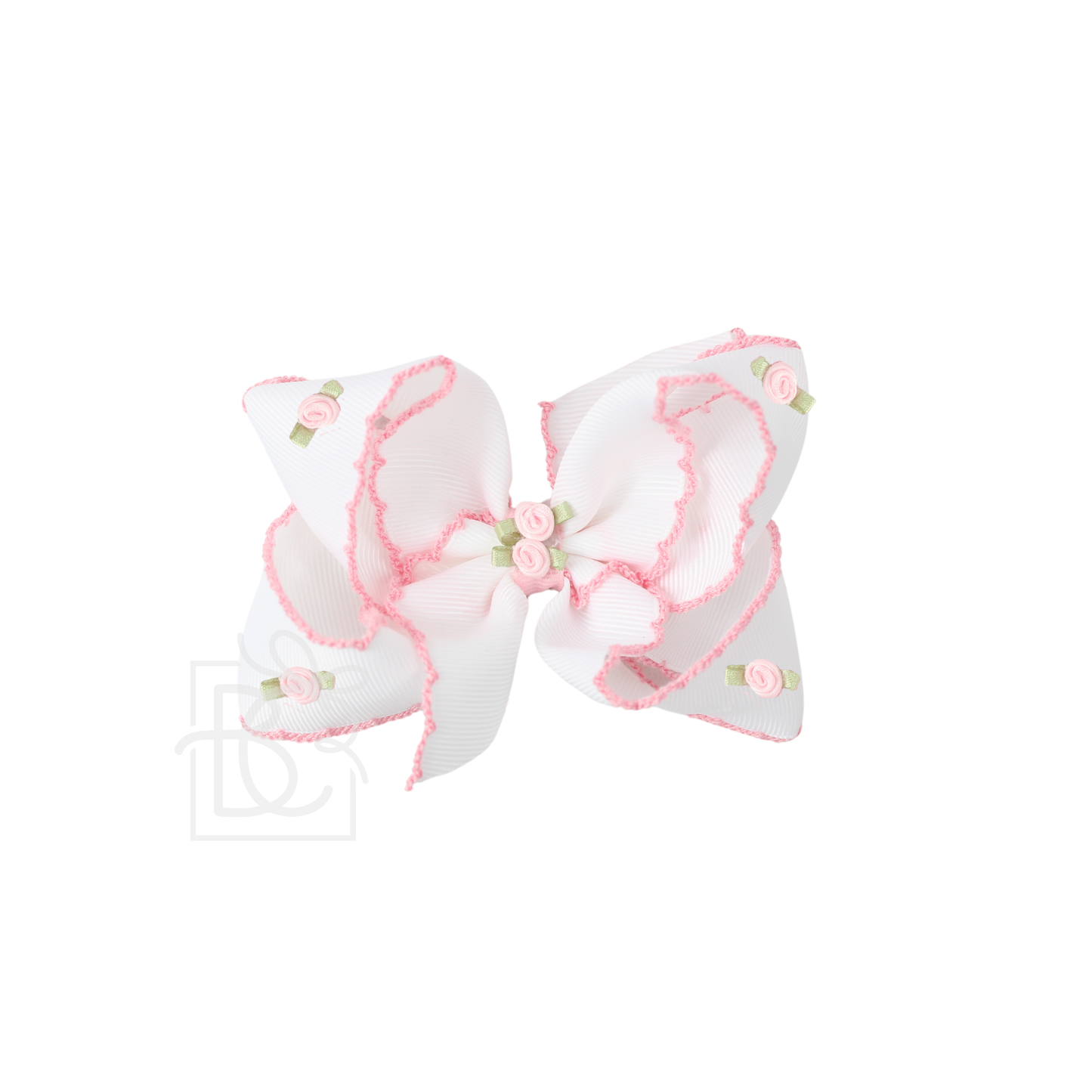 FLOWER EMBELLISHED CROCHET EDGE BOW ON ALLIGATOR CLIP: White w/ Light Pink Crochet Edge / 5.5"