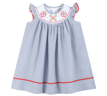 Blue Seersucker Baseball Smocked Bishop Dress