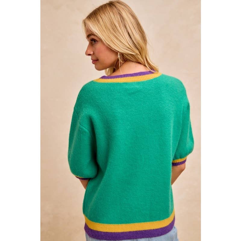 Mardi Gras Ladies Sequin Ribbon Patched Sweater Top