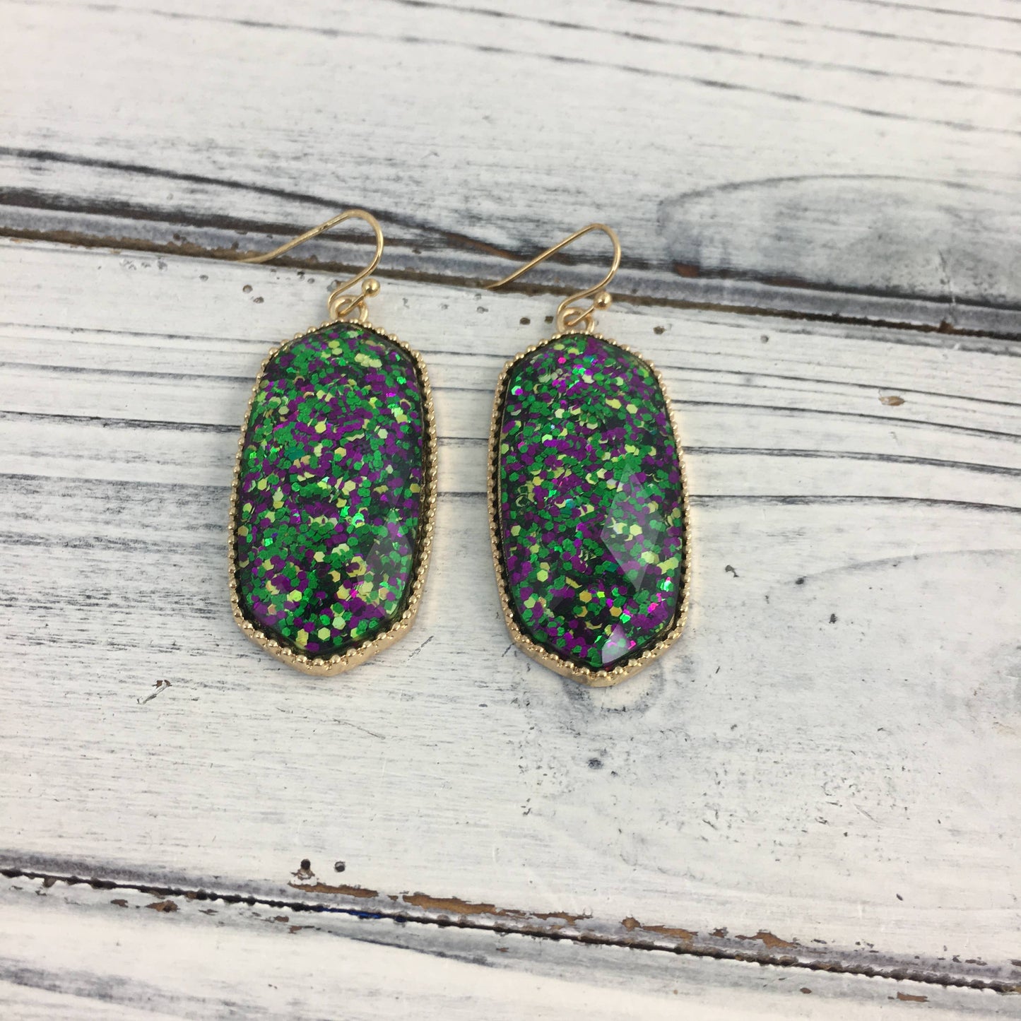 Mardi Gras confetti glitter oval earrings