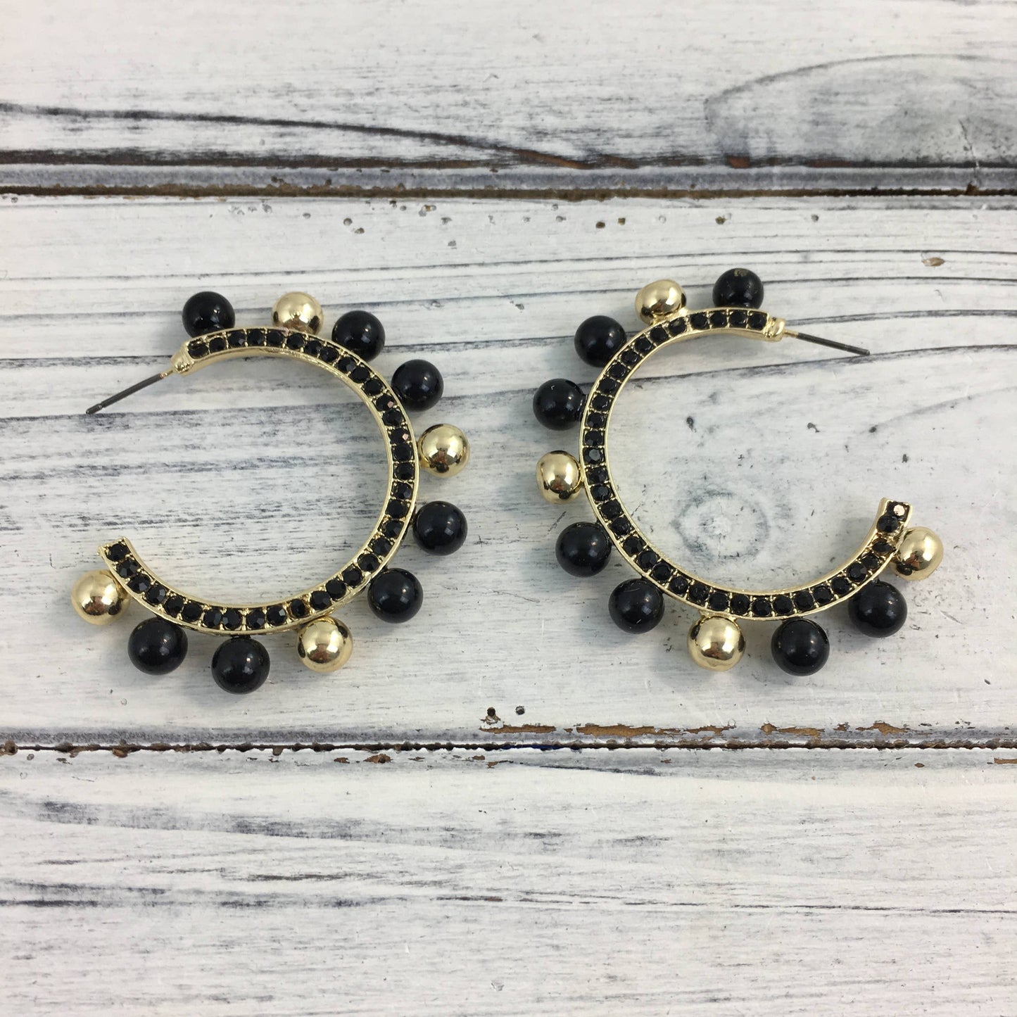 Black and Gold Saints Rhinestone and Ball Hoop Earrings