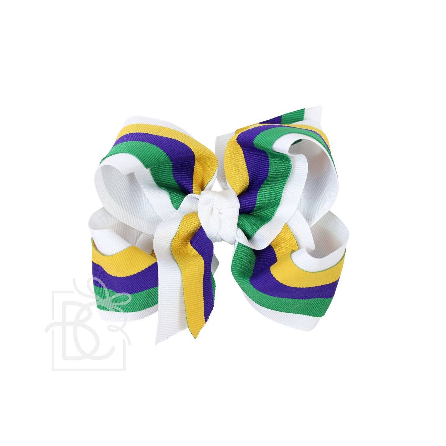 Layered Mardi Gras Stripe Bow on Alligator Clip: 5.5" Huge - 2.25" Gros. & 2" Mardi Gras Ribbon