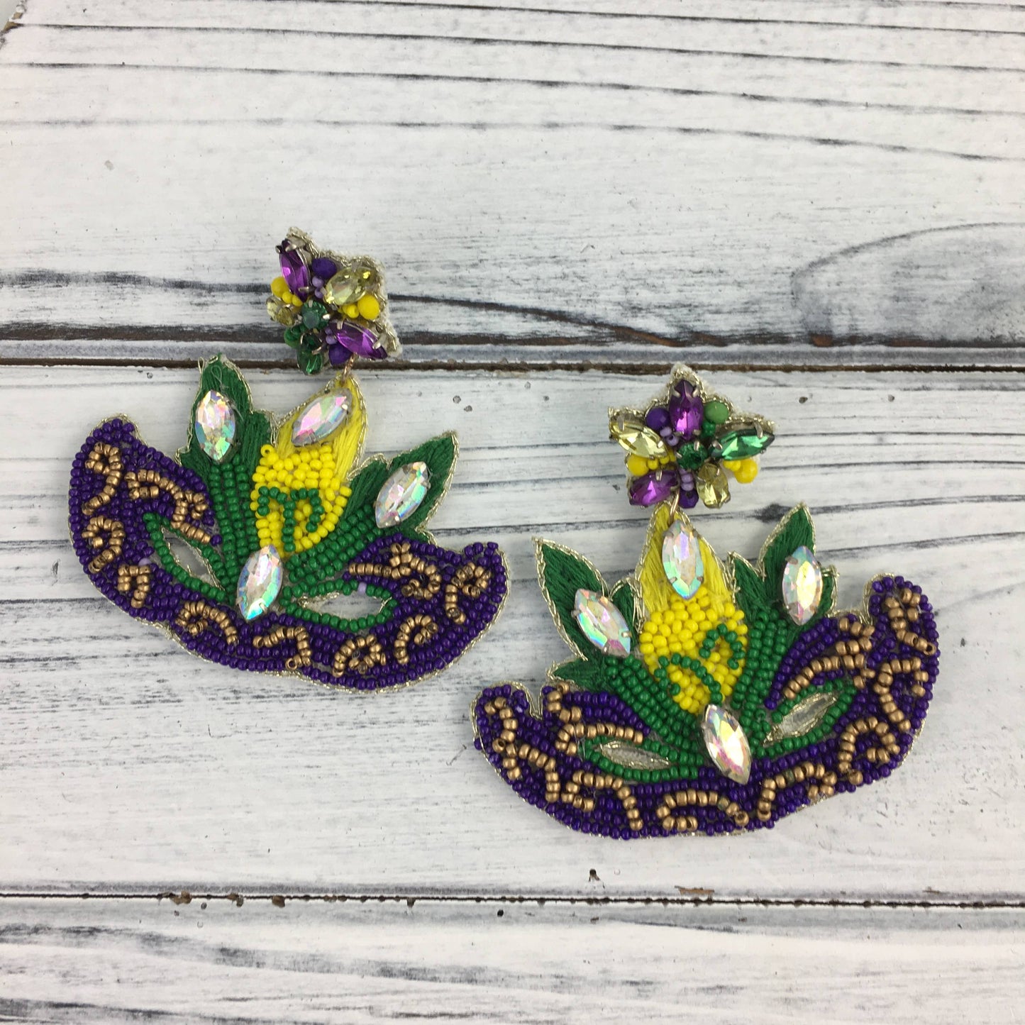 Mardi Gras bead/stone masquerade mask earrings