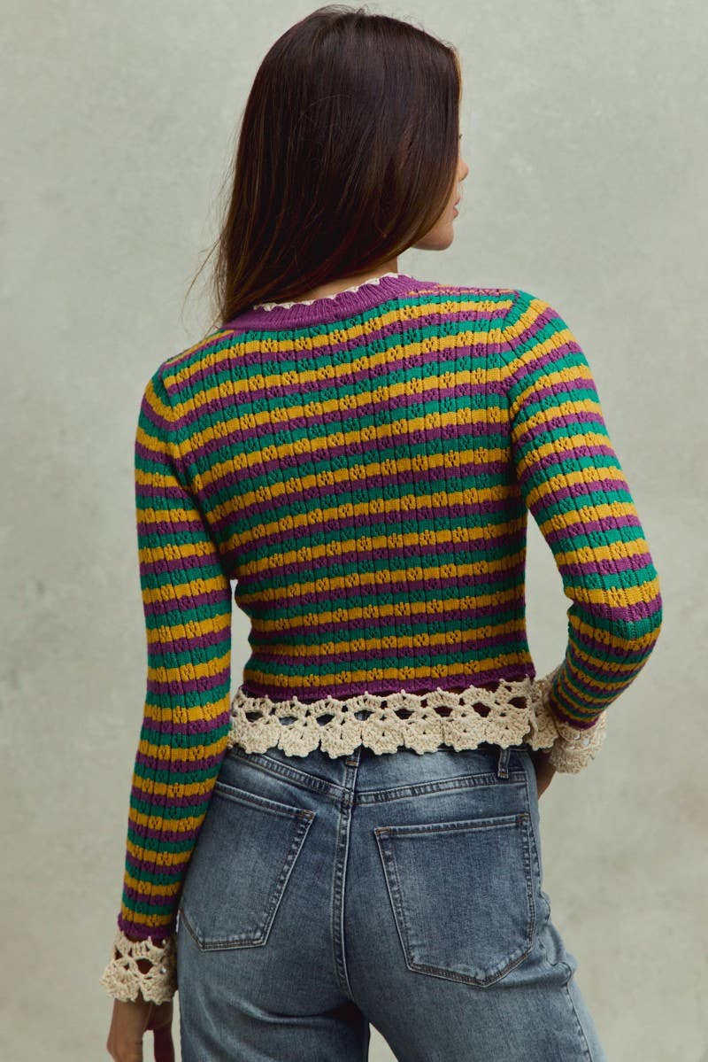 Mardi Gras Stripe Sweater Top With Crochet Edge