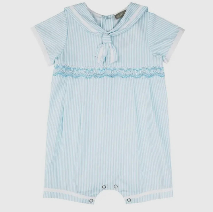 Blue striped smocked sailor romper