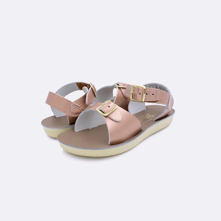 Rose gold hook and loop surfer sandal