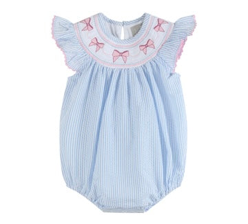Blue Seersucker Bow Smocked Flutter Romper