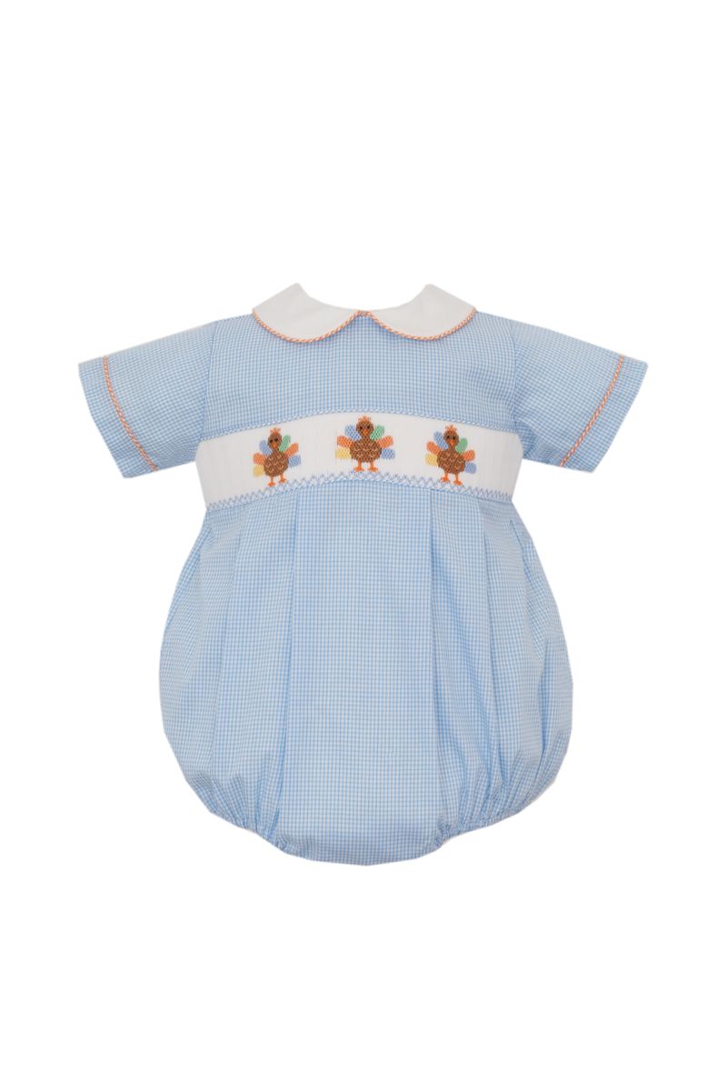 Blue Check Smocked Turkey Boy Bubble