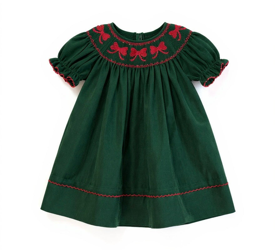 Green Corduroy Bishop Dress with Smocked Red Bow