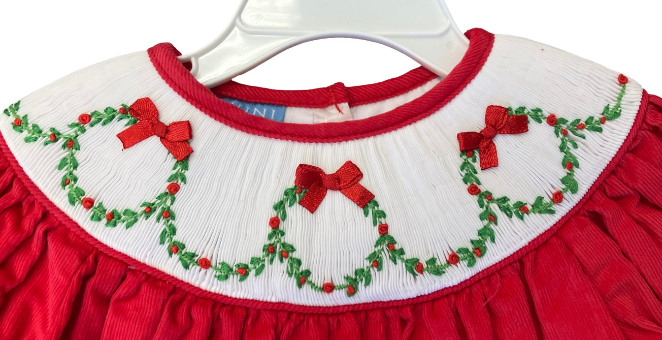 Red Corduroy Bishop Dress with Smocked Christmas Wreaths