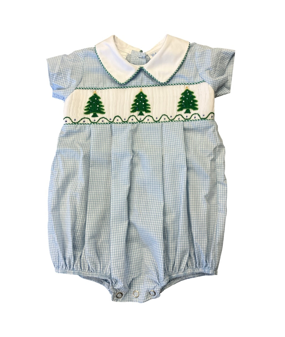 Blue Pleated Bubble With Smocked Christmas Trees