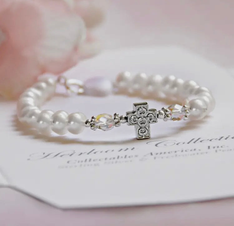 Nacre Pearl Sterling Classic 5" Cross Bracelet