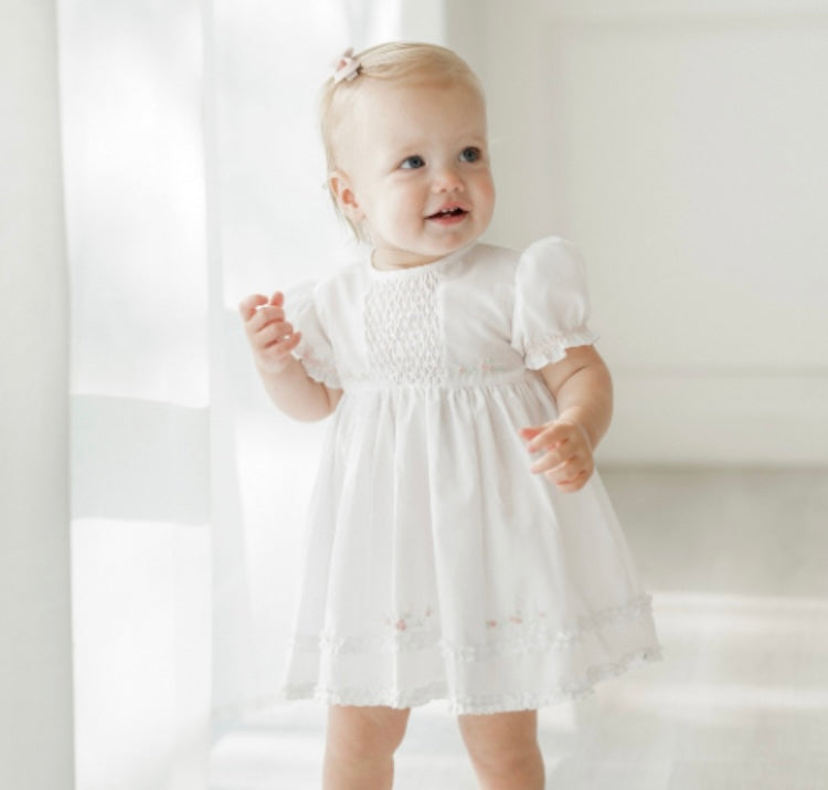 White Honeycomb Smocked Ruffle Dress