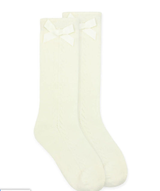 ivory pointelle bow high knee socks