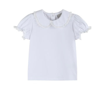 White Lace Trim Short Sleeve Peter Pan Blouse