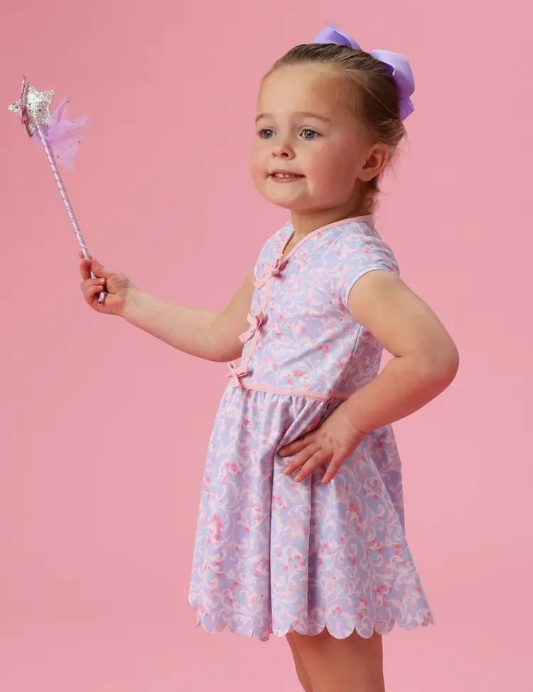 Girls Lavender Floral Princess Active Short Sleeve Bow Dress & Bike Short Set