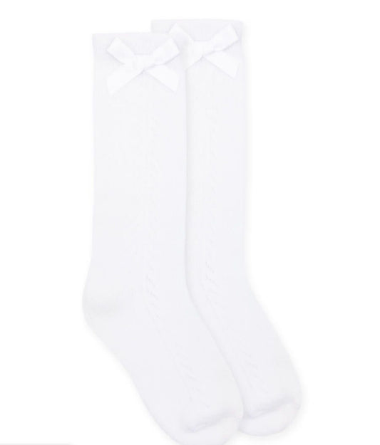 white pointelle bow knee high socks