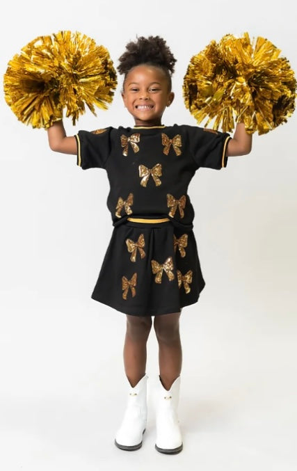Black and Gold Sequin Bow Skirt Set