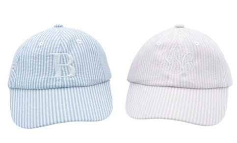 Pink or blue seersucker baby baseball hat