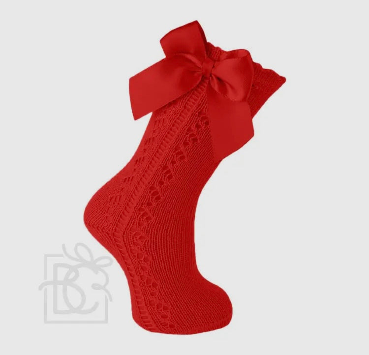 Red Scottish Yarn Openwork Bow Knee High Sock