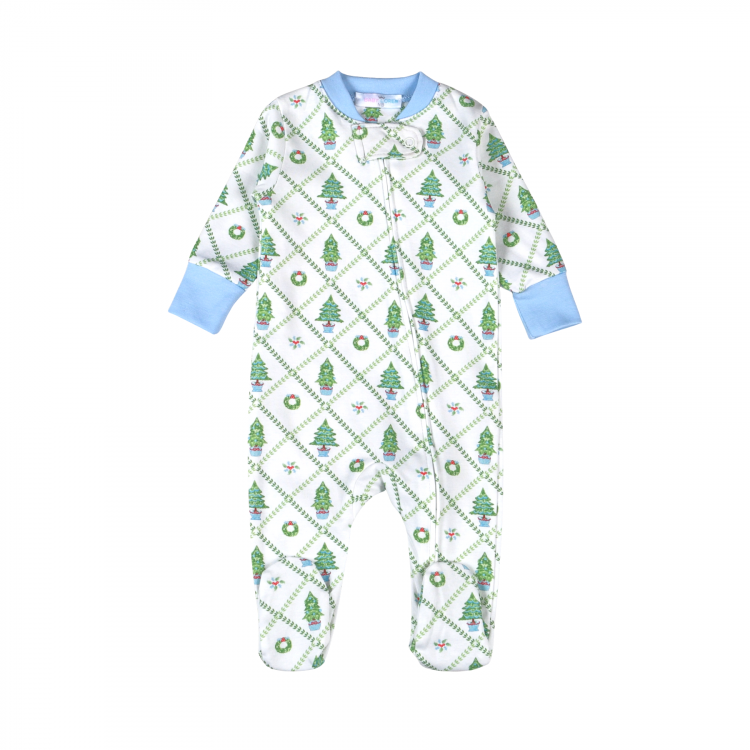 Blue Christmas Tree Pima Zipper Footie