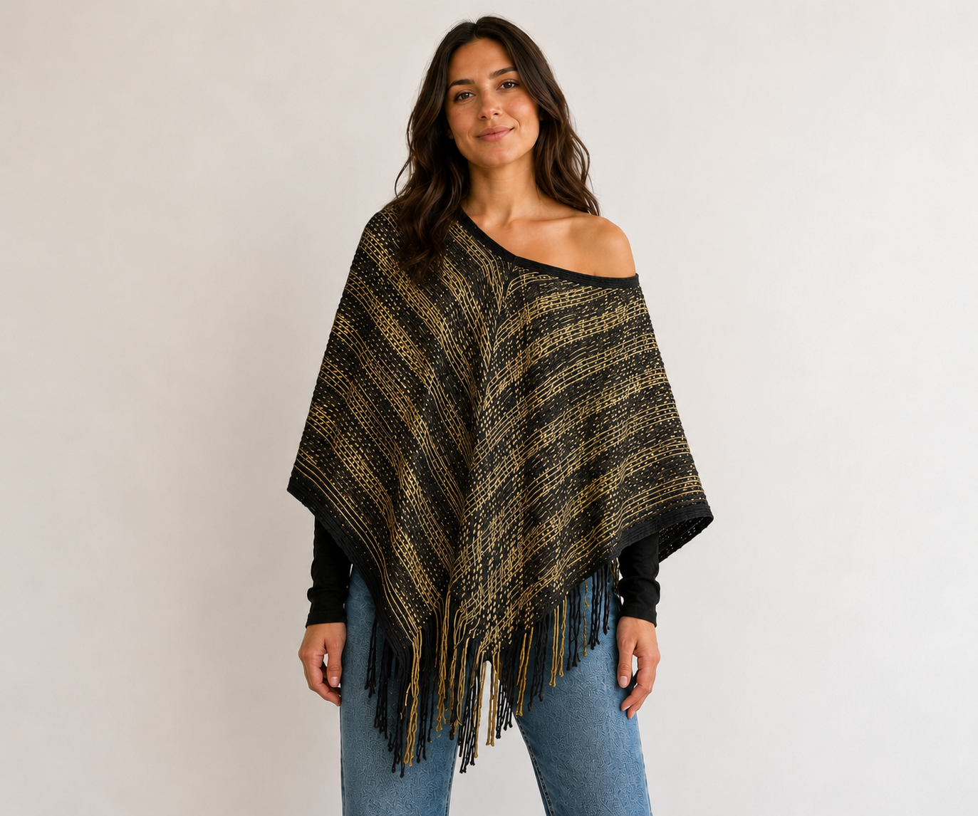 Ladies Black and Gold Metallic Poncho