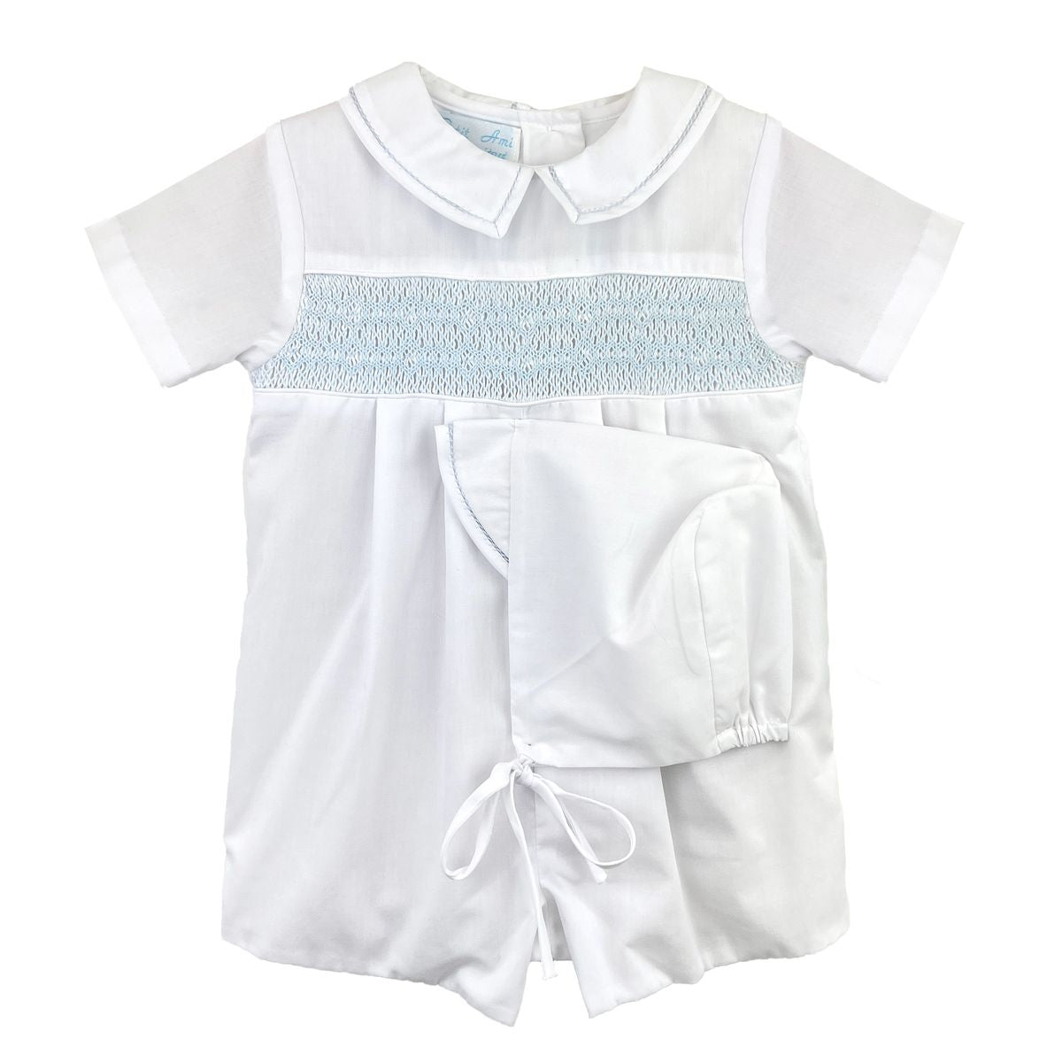 White Diamond Smocked Romper with Blue Smocking