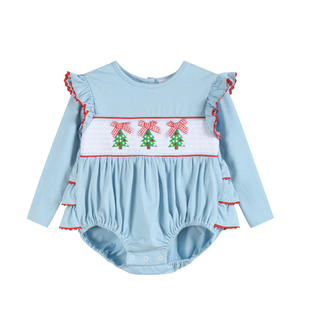 Light Blue Christmas Tree Smocked Bubble