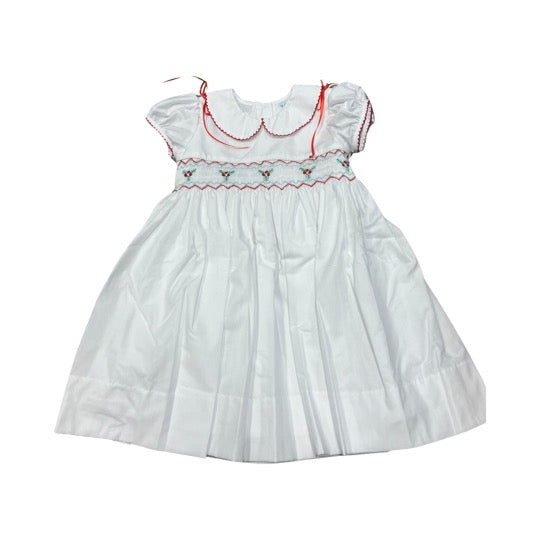 White Christmas Rose Dress with Red Ribbon