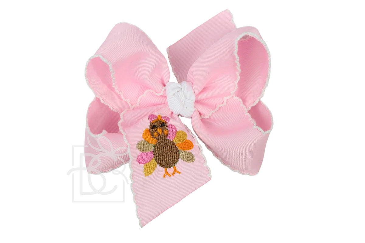 Pink EMBROIDERED TURKEY 5.5" HUGE CROCHET EDGE HAIR BOWS: Pink w/ White Crochet Edge