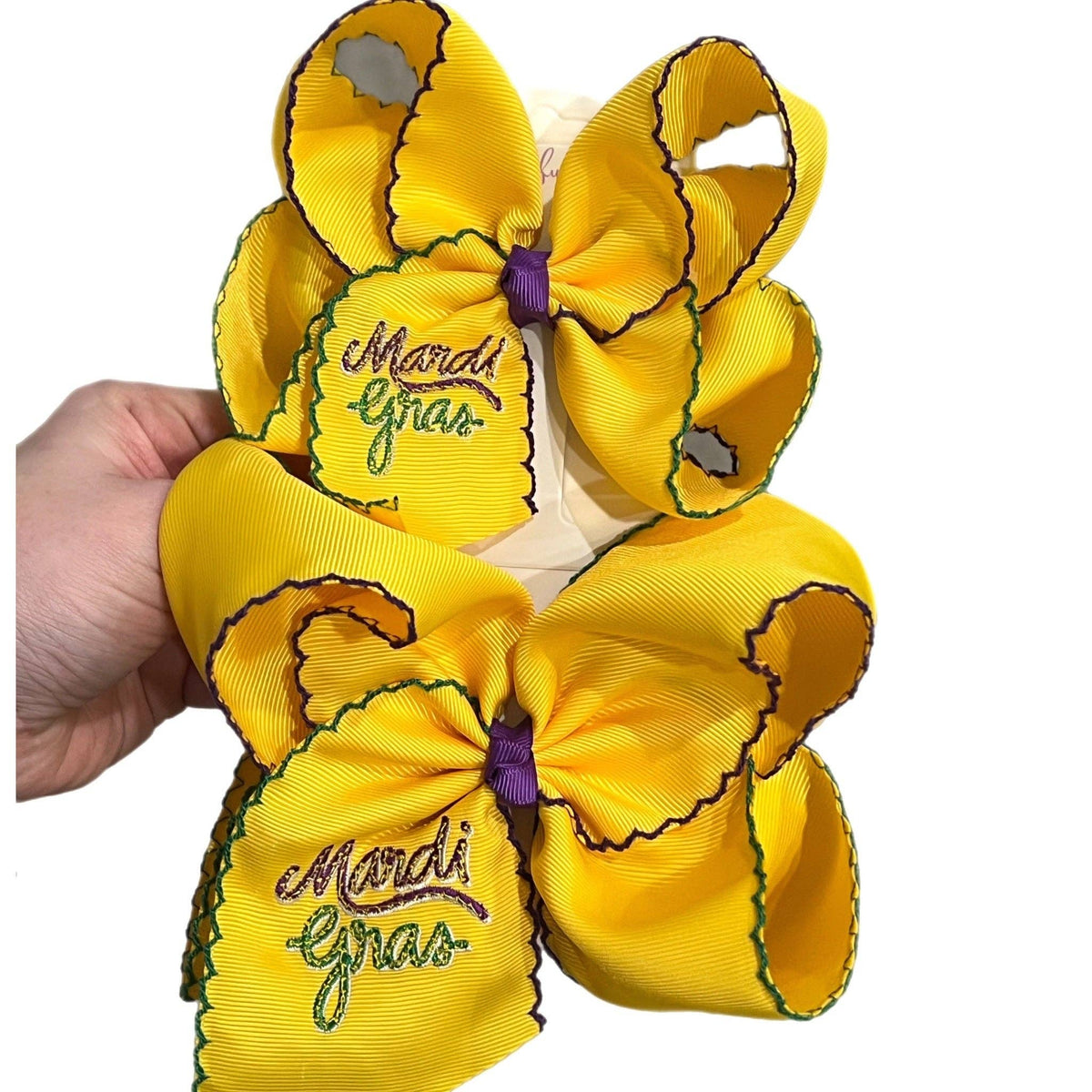 Yellow Mardi Gras Embroidered Moonstitch Hair Bow: 5 inch