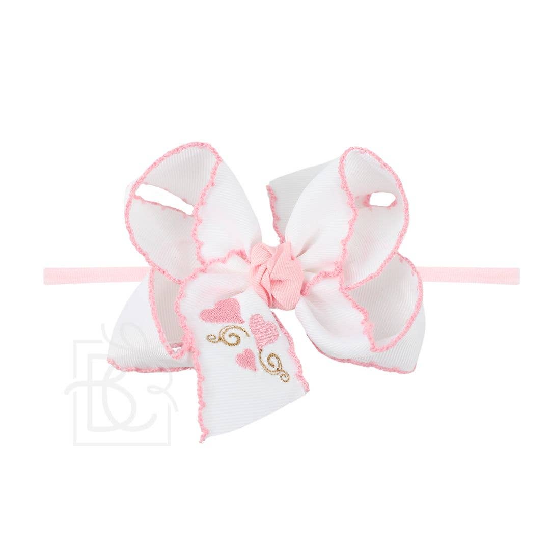 1/4"PANTYHOSE HDBD W/EMBROIDERED HEART CROCHET EDGE HAIR BOW: 4.5" Large