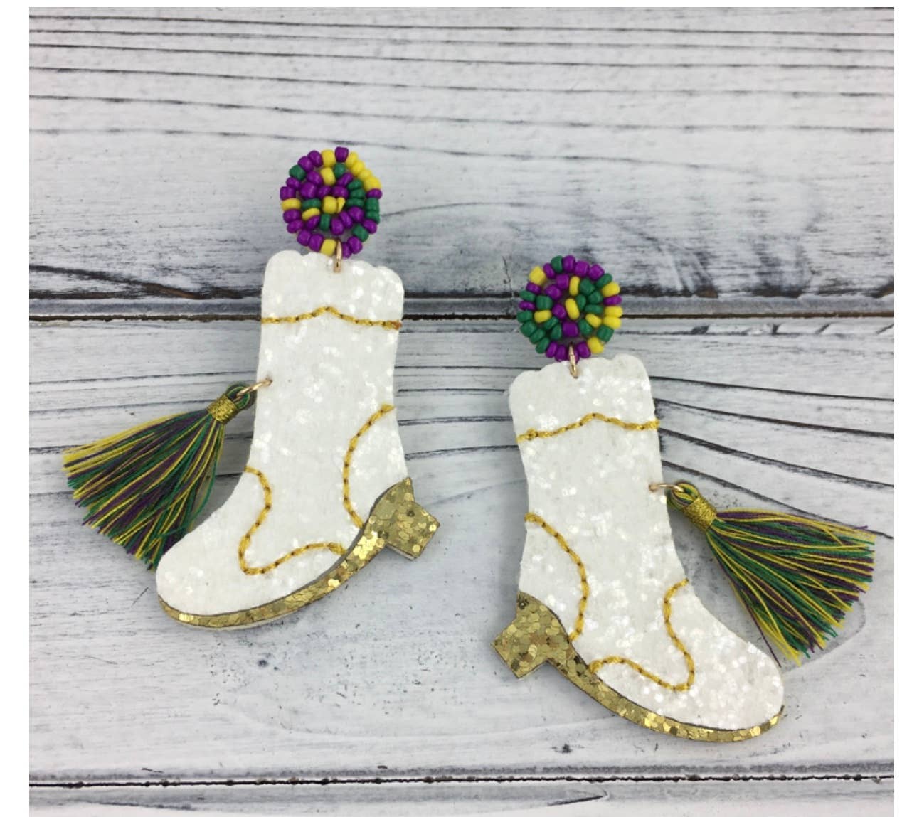 Mardi Gras glitter marching boot earrings