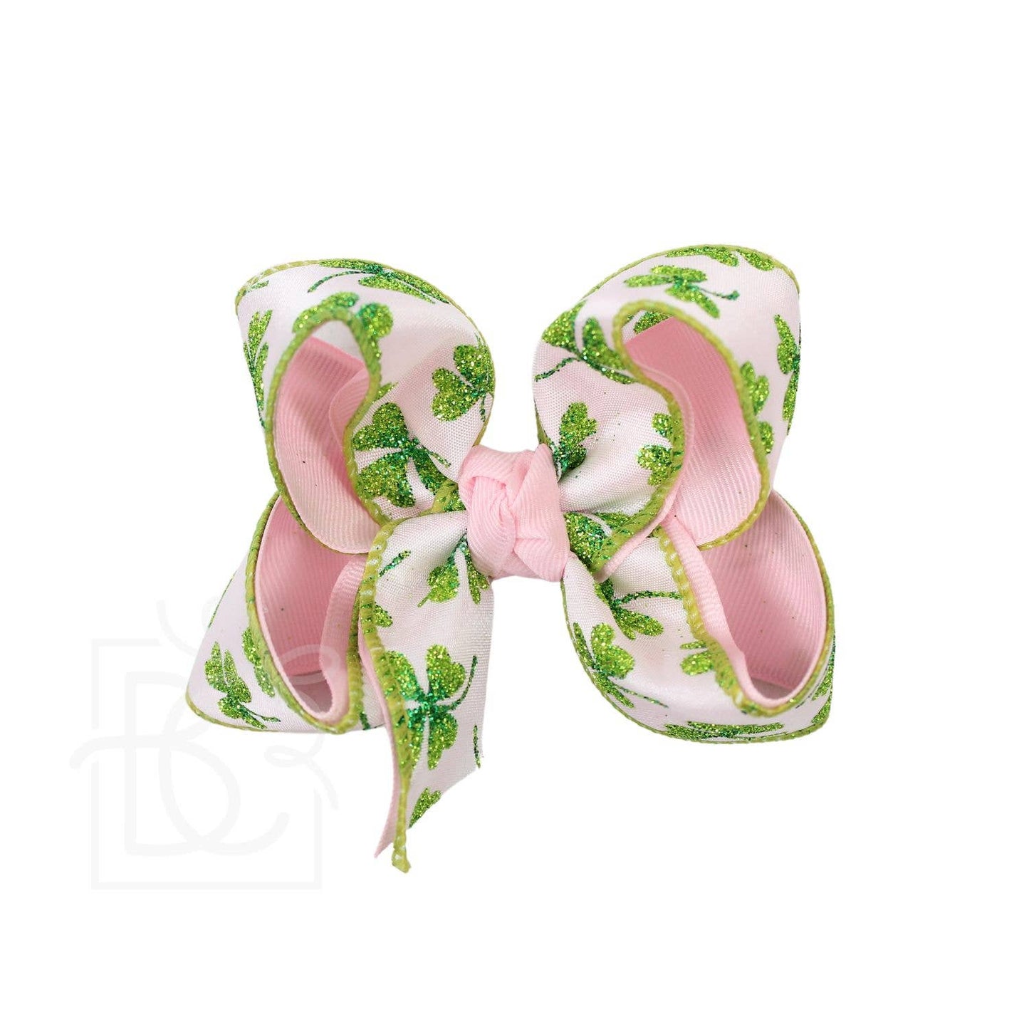 ST. PATRICK'S LIGHT PINK/GLITTER CLOVER HAIR BOW ON ALLIGATOR CLIP