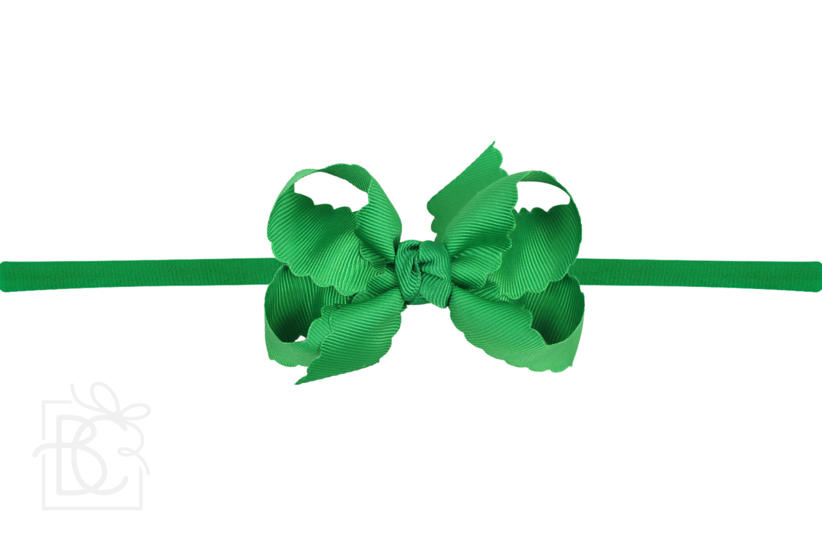 1/4" Nylon Pantyhose Headband w/ Scalloped Edge Bow: Emerald / 3.5" Medium