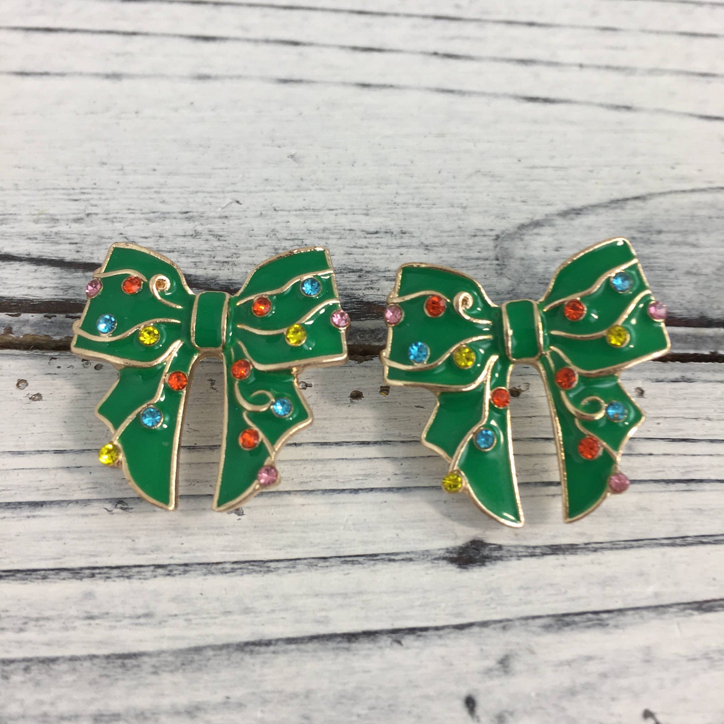 Green Bow With Christmas Lights lights Post Earrings