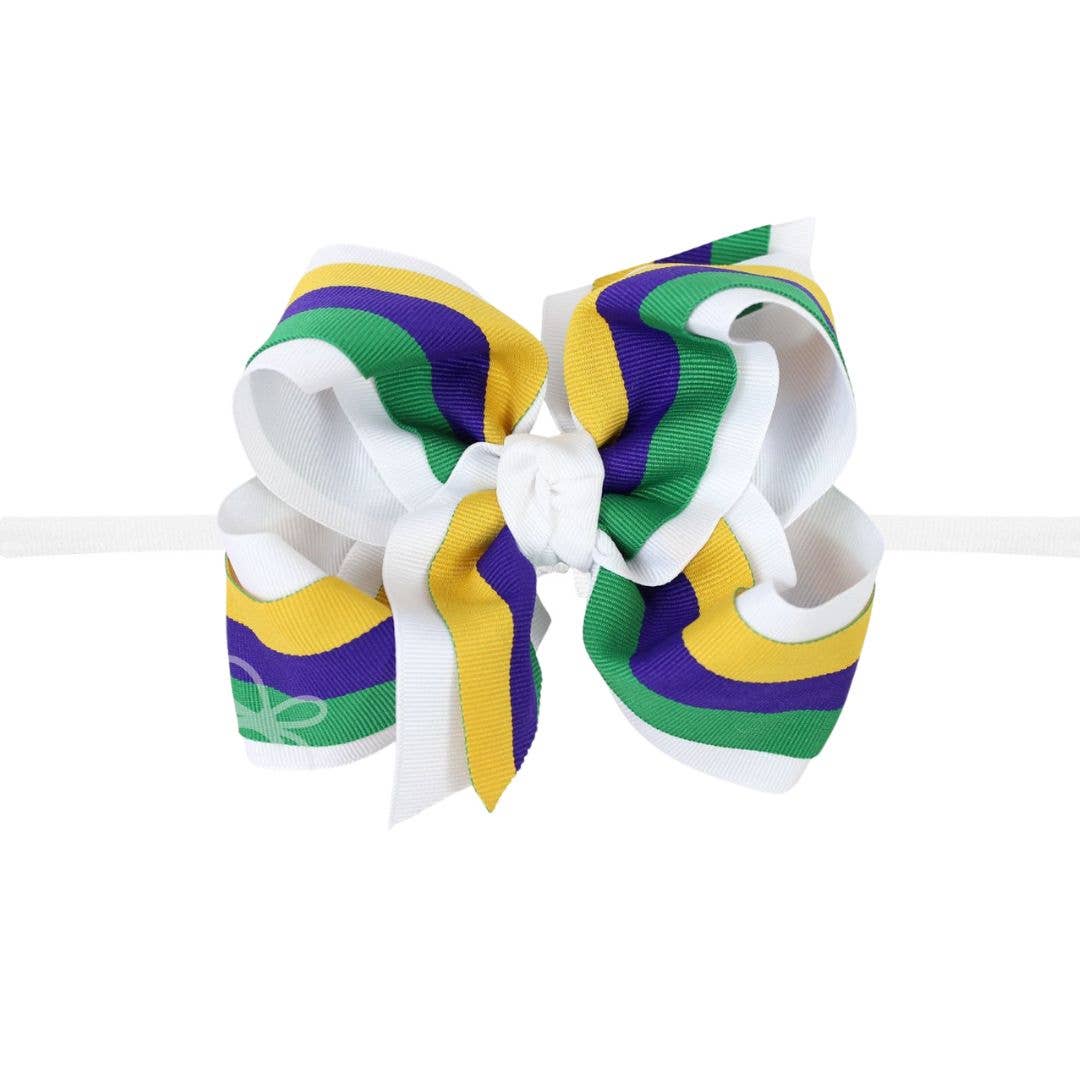 1/4" Pantyhose Headband w/ Layered Mardi Gras Stripe Bow: 5.5"