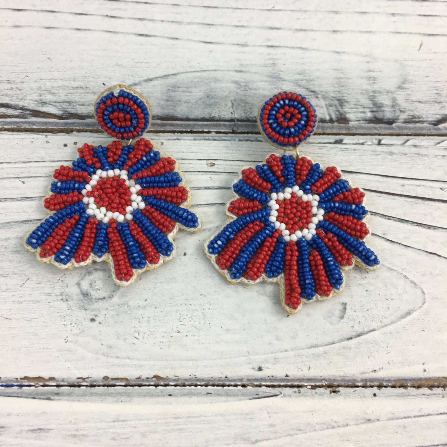 Beaded red, white, and blue firework earrings