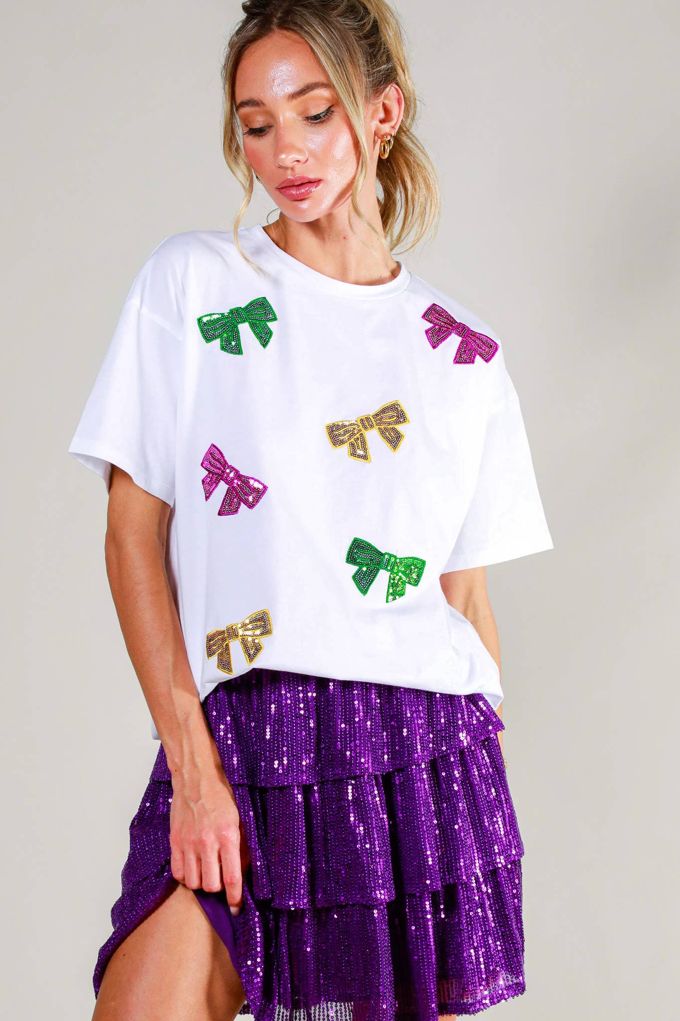 Mardi gras. Short Sleeve Sequin Bow Shirt Ladies