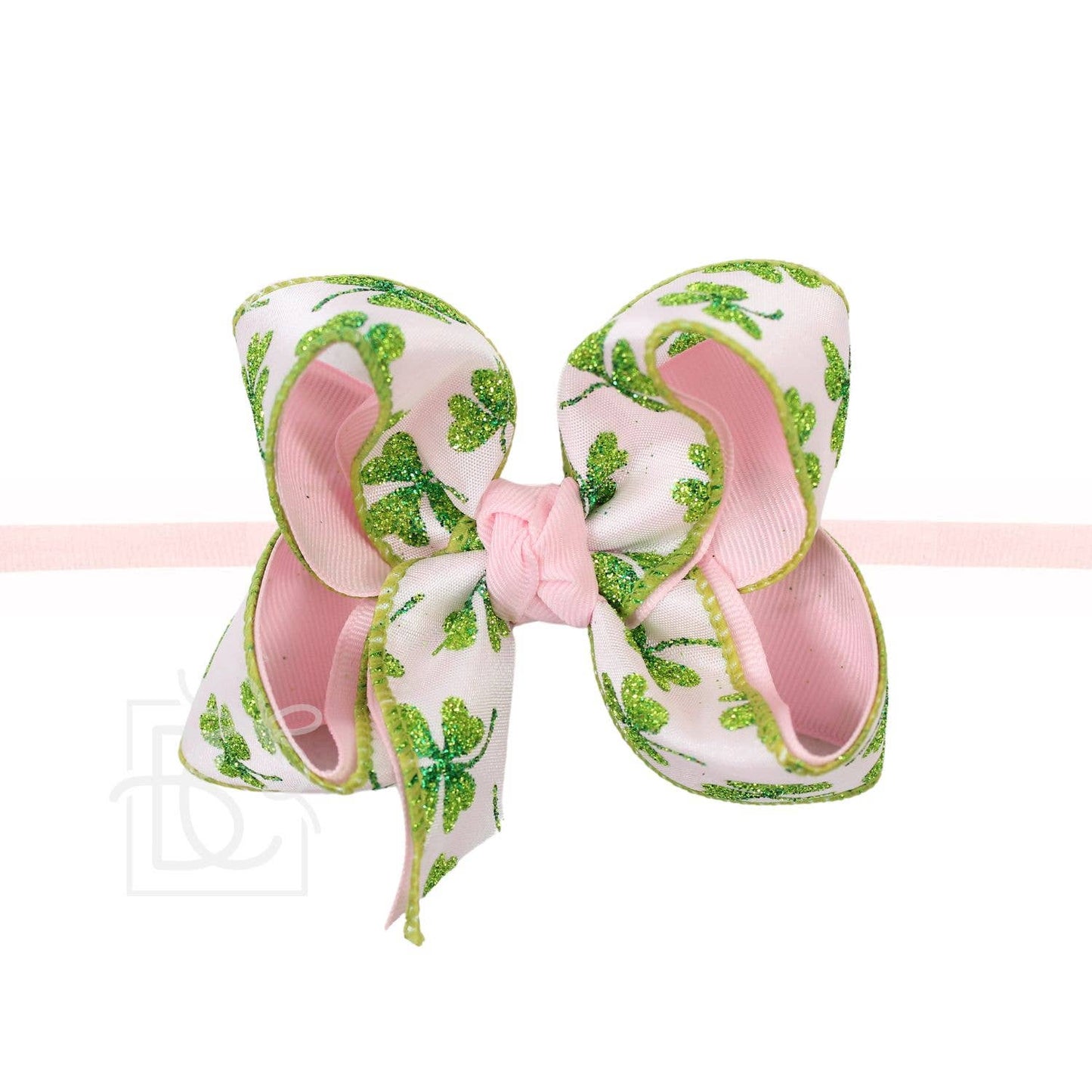 1/4" PANTHOSE HEADBAND W/ LIGHT PINK /GLITTER CLOVER BOW: 1/4" Pantyhose Headband w/ 4.5" Bow