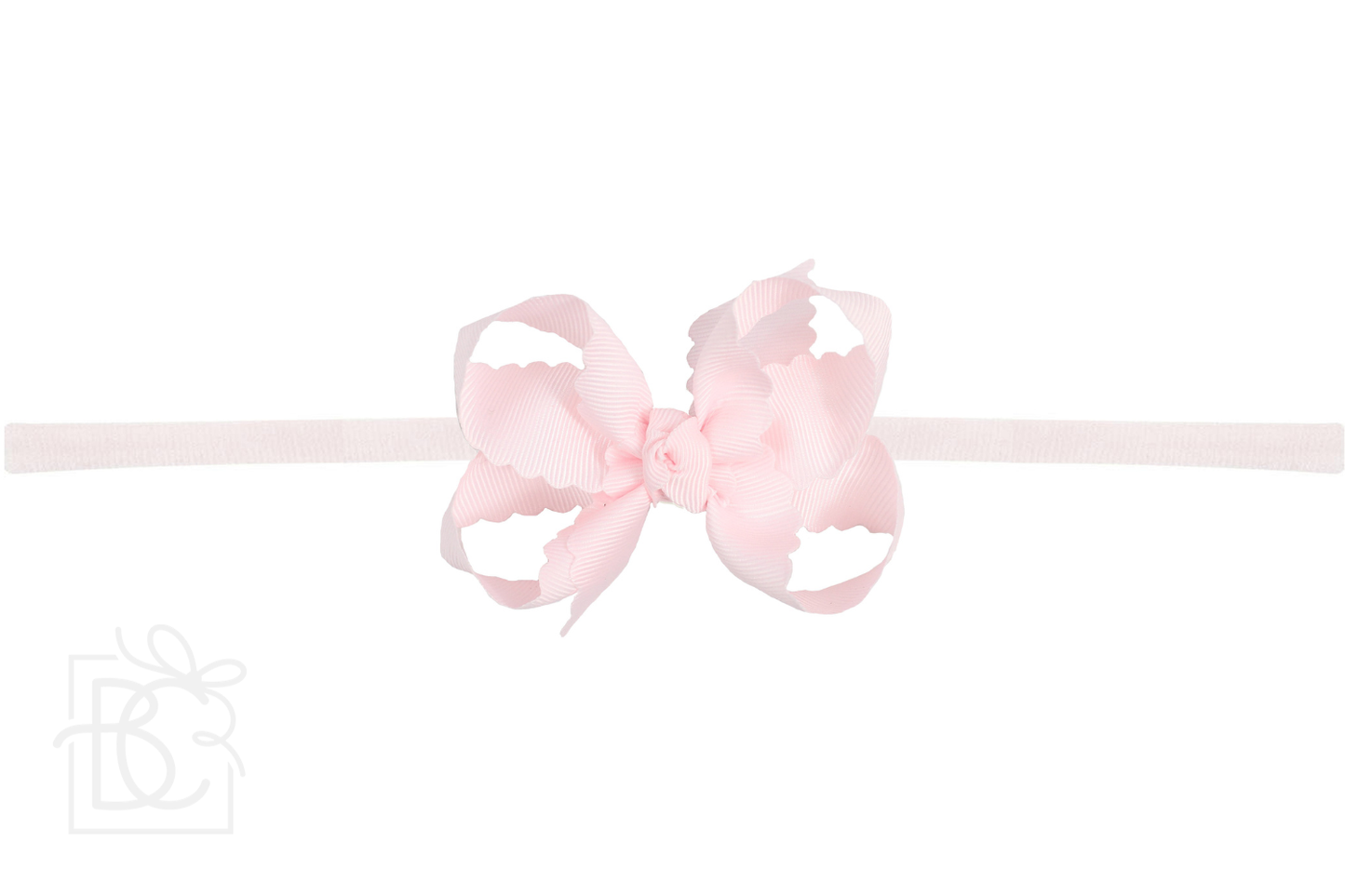 1/4" NYLON PANTYHOSE HEADBAND W/ SCALLOPED EDGE BOW: Powder Pink / 3.5"